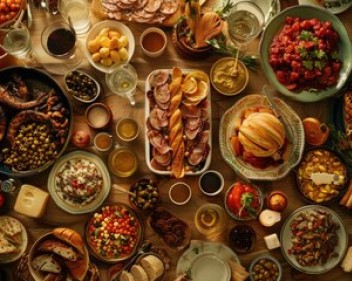 full table delicious european foods drinks dinner party top view 641503 83530