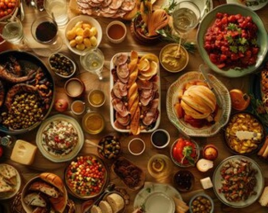 full table delicious european foods drinks dinner party top view 641503 83530