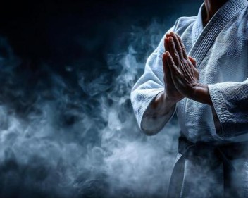 the quiet strength of a master gassho pose in ethereal mist photo